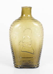 A Coventry Glassworks Lafayette Flask: Olive green with a bust in profile of Lafayette at the obverse, and a bust in profile of Gov. DeWitt Clinton a the reverse, marked coventry C. T. and T. S. for Thomas Stebbins, who operated the glassw