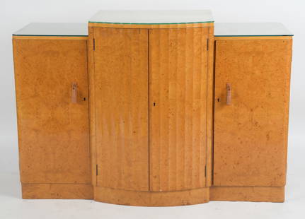 Art Deco Burlwood Cabinet, Harry & Lou Epstein: An English Art Deco Burlwood Cocktail Cabinet, Attributed to Harry & Lou Epstein Furniture Co., London, Circa 1930s. The top surmounted by three pieces of custom fitted glass. Dimensions: Hei