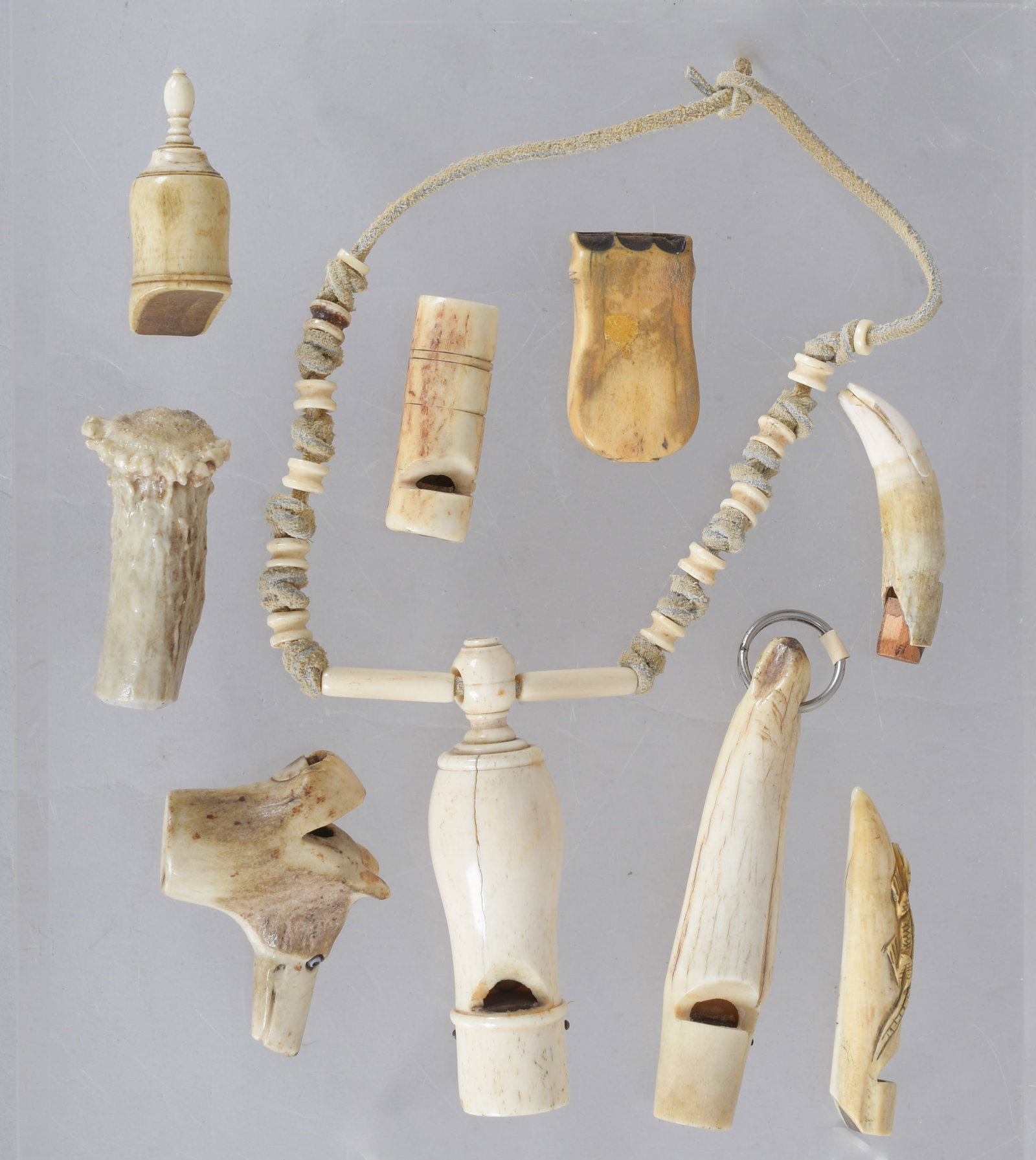 A Group of Bone and Antler Antique Whistles: Nine examples, one carved in the form of a wolf head (walking stick terminal), an animal claw carved with an alligator, another antler whistle and six more bone examples. Dimensions: From