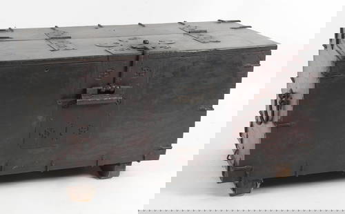 Korean Iron Mounted Hardwood Blanket Chest: A Korean Iron Mounted Hardwood Blanket Chest, First Half 20th Century. The hinged lid enclosing and open interior fitted with fiive small drawers. Dimensions: Height 21in; width 40 1/4in; depth 2