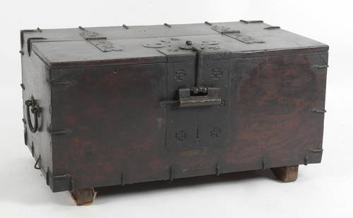 Korean Iron Mounted Hardwood Blanket Chest: A Korean Iron Mounted Hardwood Blanket Chest, First Half 20th Century. The hinged lid enclosing and open interior fitted with fiive small drawers. Dimensions: Height 21in; width 40 1/4in; depth 2