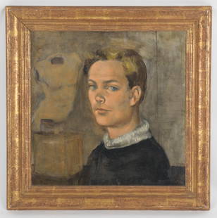 Walter Stuempfig (1914-1970) Oil on Canvas: A portrait of a young man, possibly an artist, signed at the lower right. Dimensions: 18" x 18", the frame 23" x 23". Provenance: Offered with S