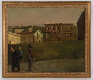 Walter Stuempfig (1914 - 1970) Oil on Canvas: "Figures on a Street", signed at the lower right. Dimensions: 25 1/4" x 30 1/4", the frame 29 1/4" x 34". Provenance: Sold at Sotheby's Arcade