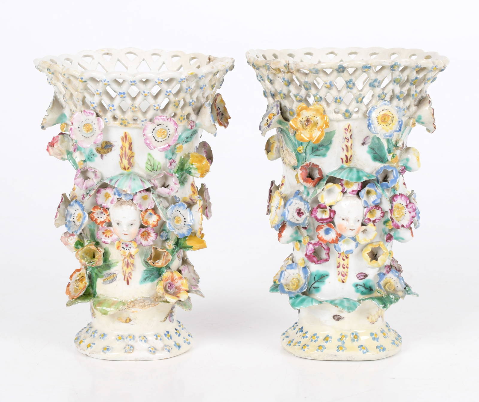 Pair Of English Bow Flower Encrusted Vases Auction
