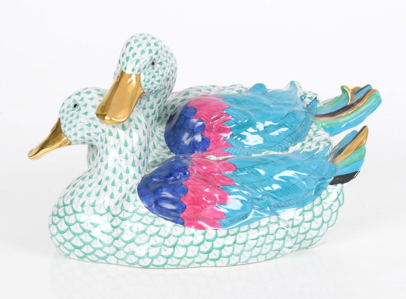 Herend Porcelain Green Fishnet Group; Two Ducks (1 of 6)