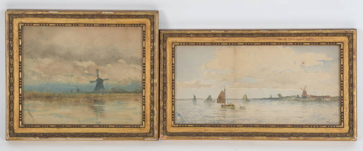 Frank Myers Boggs (1855 - 1926) Two Watercolors: Two coastal scenes, each with a windmill, each signed at the lower left.&nbsp; &nbsp; Dimensions: Sight is 8&quot; x 10&quot; and 7&quot; x 14&quot;, the frames 11&quot; x 13&quot; and 9&quot; x 16&qu