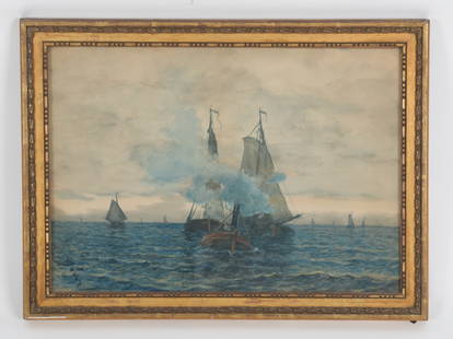 Frank Myers Boggs (1855 - 1926) Watercolor: A seascape with boats, signed at the lower left and dated for 1895. Dimensions: sight is 12 1/2" x 17 1/2", the frame 15" x 20". 