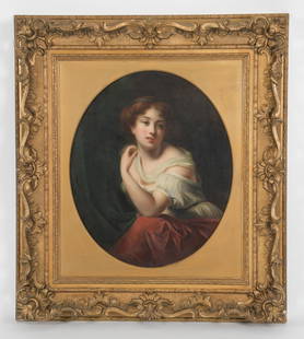 American School, 19th Century, Oil on Canvas: A portrait of a young woman in the manner of Thomas Sully, in a 19th century gilt gesso frame. Unsigned. &nbsp; Dimensions: Sight is 28&quot; x 24&quot;, the canvas overall is 32&quot; x 27&quot;. The