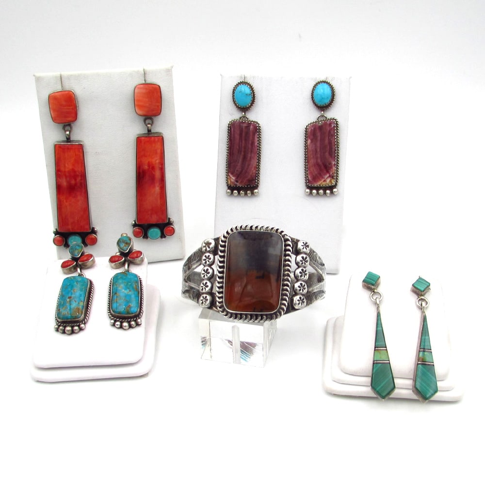 Navajo Signed Sterling Silver Earring Bracelet lot. (1 of 5)
