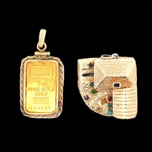 Two- Vintage 14K Gold Charms: Two vintage yellow gold charmsOne Is a 14K yellow gold charm of a house with garage and they car in the garage slides in and out. Measures 1in x 1in x 0.50in T, with cabochon semi-precious stones.Two