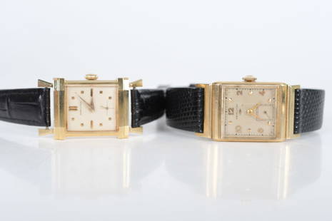 Two Vintage Hamilton 14k Gold Watches: A "Wesley-B" with a19 j movement, and a "Berkshire" with a 19 j movement both in 14k gold cases. Dimensions: From 23mm x 28mm to 24mm x 28mm.