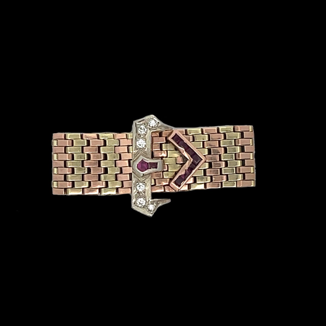 Retro 14K Ruby & Diamond mesh Buckle Ring (1 of 3)