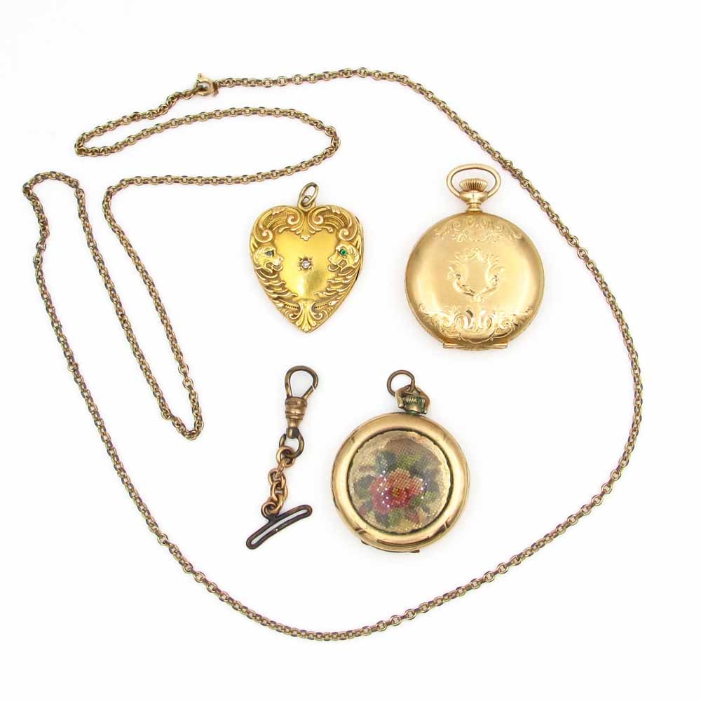 14K Gold Hampden Pocket Watch & Heart Locket (1 of 10)