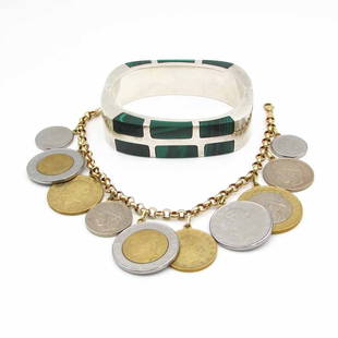 14K Charm Bracelet Coins and Sterling Silver Malachite Bracelet: The lot contains two bracelets; one is sterling silver with inlaid malachite, and the other is a 14K yellow gold charm bracelet, with Italian Lire coins from 1979,1981,1983,1991,1992,1993,1996