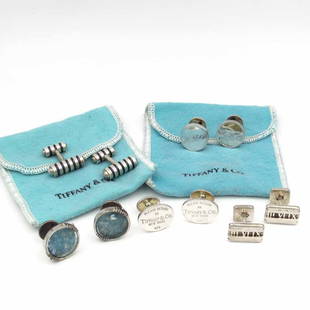 Four Pairs of Tiffany & Co. Sterling Silver Cufflinks: Four Pairs of Tiffany &amp; Co. Sterling Silver Cufflinks. Accompanied by one pair of art glass and sterling silver cufflinks that are not Tiffany. Average Measures: 0.75in x 0.625in, 1in x 0.25in Hal