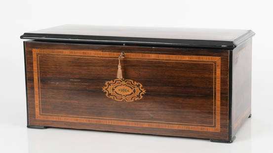 Swiss Marquetry Inlaid Rosewood Cylinder Music Box: A Swiss Parcel Ebonized and Marquetry Inlaid Rosewood Cylinder Music Box, Late 19th Century. Nine bells in view, with a thirteen-inch brass cylinder. Dimensions: Height 10 1/4in; width 22 3/4in;
