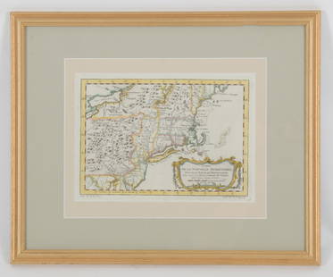 A 1757 Map of New York and Pennsylvania by Bellin: "Carte De La Nouvelle Angletree Nouvelle Nouvelle Yorck, et Pennsilvanie" date 1757, hand colored. Dimensions: Sight is 9" x 12 1/2", the frame 17 1/2" x 21