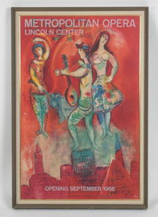 Marc Chagall (1887-1985): Metropolitan Opera Poster: A 1966 poster for the New York Metropolitan Opera, from the edition of 150. Signed by Chagall in black crayon and numbered 98/150. Printed by Mourlot.&nbsp; &nbsp; Dimensions: sight is 39 1/2&quot; x