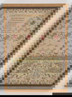 Girlhood Pictorial Needlework Sampler, Dated 1797: A Girlhood Silk on Linen Needlework Pictorial Sampler. Wrought by Mary Levesque. Inscribed "1797 / Mary Levesque / Her Work in / the 12th Year of / her age". With eight l