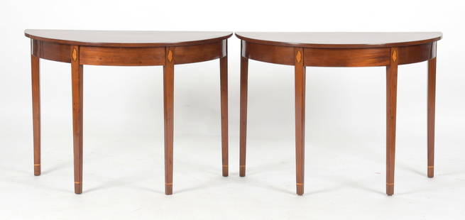 Federal Mahogany Three-Part Dining Table: A Federal Inlaid Mahogany Three-Part Dining Table, Probably Baltimore, Early 19th Century. Comprising a pair of demilune end tables and a large drop-leaf dining table center section. Dimensions: Heigh