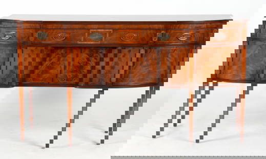 Federal Style Mahogany Sideboard, Beacon Hill Collection: A Federal Style Inlaid Mahogany Sideboard, 'Beacon Hill Collection' by Kaplan Furniture, 20th Century. Having a paper manufacturer's label to the interior. Dimensions: Height 38 1/4in; wid