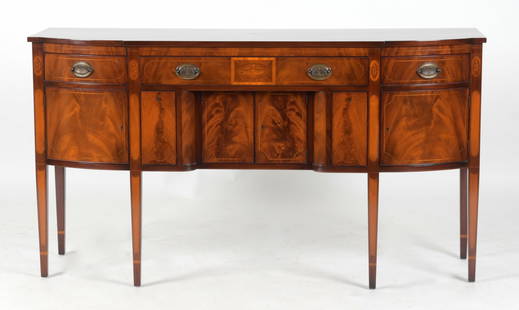 Federal Style Mahogany Sideboard, Beacon Hill Collection: A Federal Style Inlaid Mahogany Sideboard, 'Beacon Hill Collection' by Kaplan Furniture, 20th Century. Having a paper manufacturer's label to the interior. Dimensions: Height 38 1/4in; wid