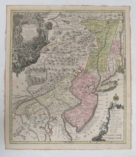 Lotter Map, Pensylvania Nova Jersey et New York, Circa 1750: Pensylvania (Pennsylvania) Nova Jersey et New York. Engraved map of eastern Pennsylvania, New Jersey, New York with a cartouche at the upper left depicting what is likely William Penn trading wit