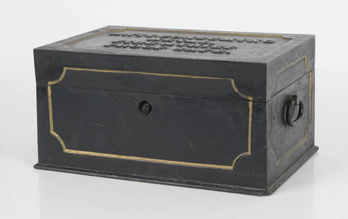 A Small Cast Iron Safe, 19th Century: An "Anti-Consuming Metal, Fire & Thief Proof Safe", marked at the interior, "Samuel Hart, & Co. Inventors Phila & New York." With a black painted exterior, green i