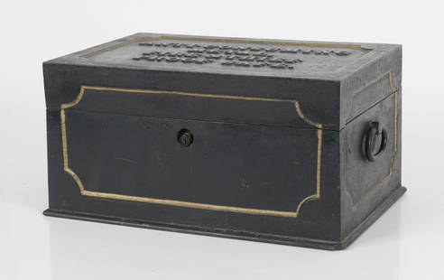 A Small Cast Iron Safe, 19th Century: An &quot;Anti-Consuming Metal, Fire &amp; Thief Proof Safe&quot;, marked at the interior,&nbsp;&quot;Samuel Hart, &amp; Co. Inventors Phila &amp; New York.&quot; With a black painted exterior, green i