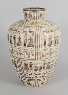 Lincoln Seitzman (Born 1923) Turned Wooden Vessel: A large "basket weave" example, turned and painted to imitate an Indian basket. Signed and numbered 188 at the foot. Dimensions: 15" in diameter, the height is 23".&nb
