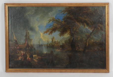 Italian School (19th Century), Capriccio Harbor Scene: Italian School (19th Century), Capriccio Harbor Scene with Ruins, oil on canvas. Unsigned. Dimensions: 33 1/4 x 52in; Frame 35 3/4 x 54in. Provenance: Property from a Philadelphia Main Line Estate.