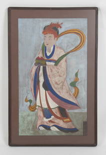 A Korean Minhwa, Folk Art Painting, Immortal: Pigment on silk, depicting a standing immortal holding peaches.&nbsp; &nbsp; Dimensions: sight is 30 3/4&quot; x 18&quot;, the frame 34&quot; x 24&quot;.&nbsp; &nbsp; Provenance: From a loc