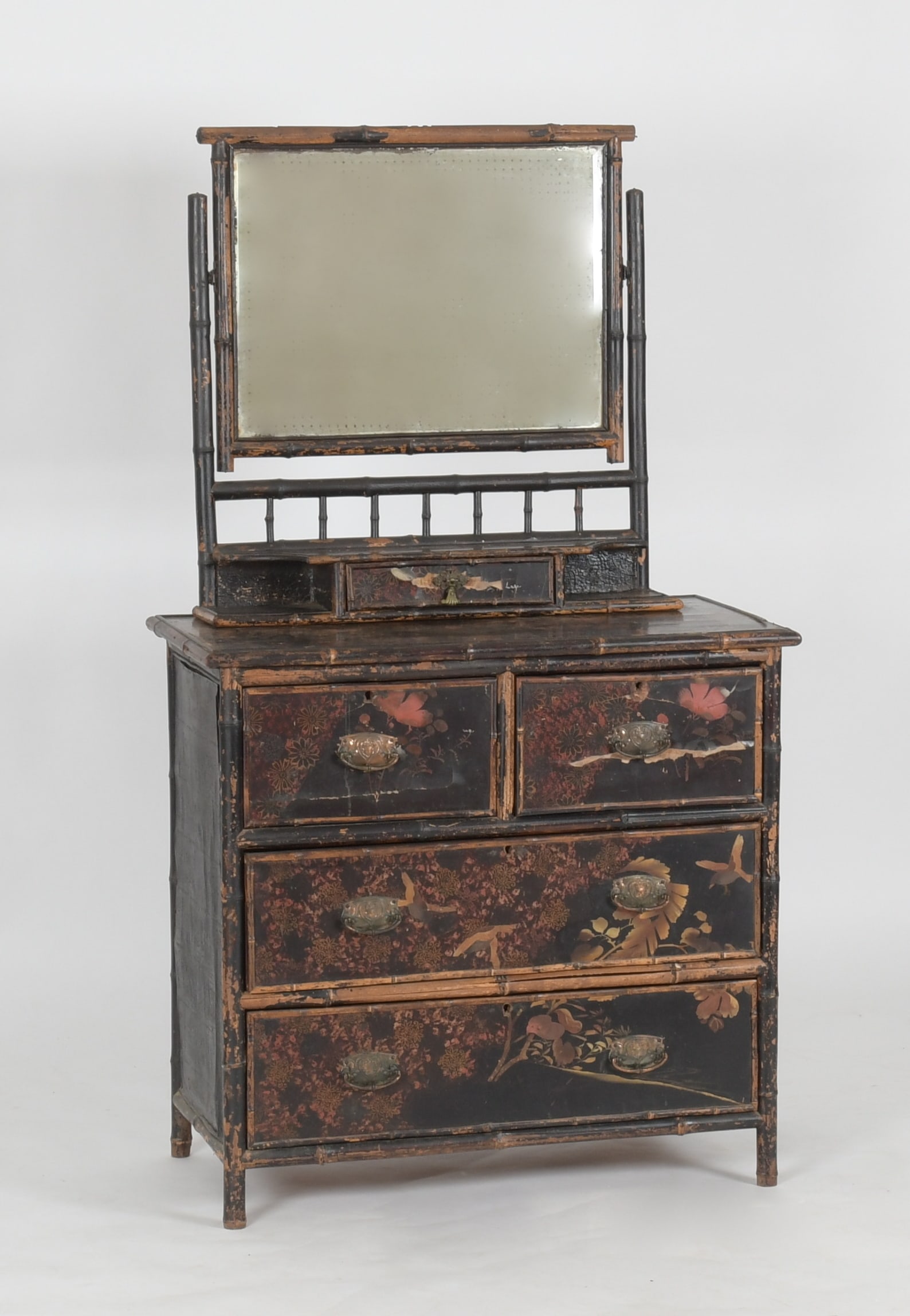 Aesthetic Movement?Japanese Lacquer and Bamboo Chest: An English Aesthetic Movement Japanese Lacquer and Bamboo Chest of Drawers, Late 19th Century. The rectangular top over two short and two long drawers, surmounted by a beveled dressing mirror. Di