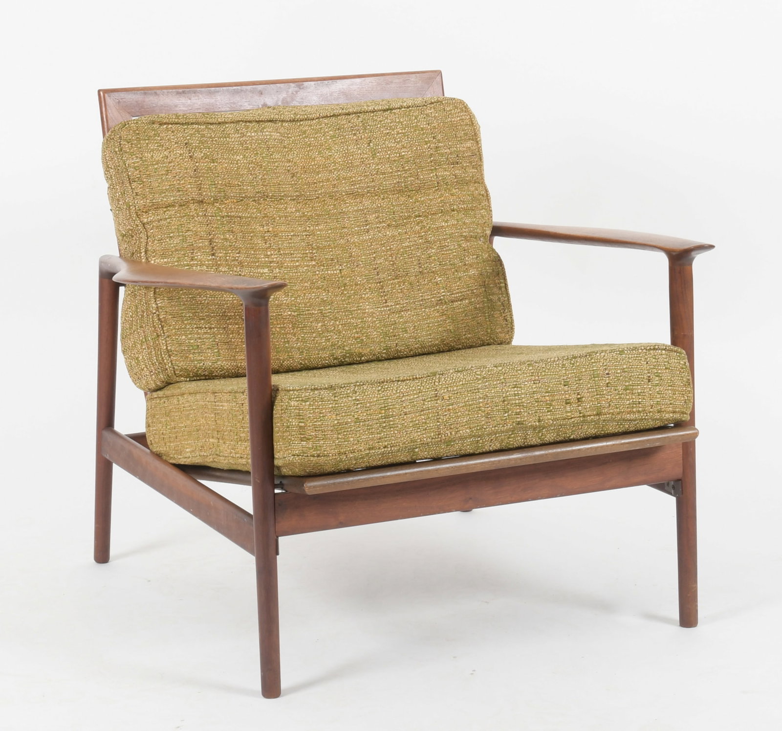 Ib Kofod-Larsen Danish Modern Lounge Chair: An Ib Kofod-Larsen (Danish, 1921-2003) Walnut Lounge Chair for Selig, Denmark, Third Quarter 20th Century. With 'Danish Furnituremakers' Control' label to the top of seat rail. D