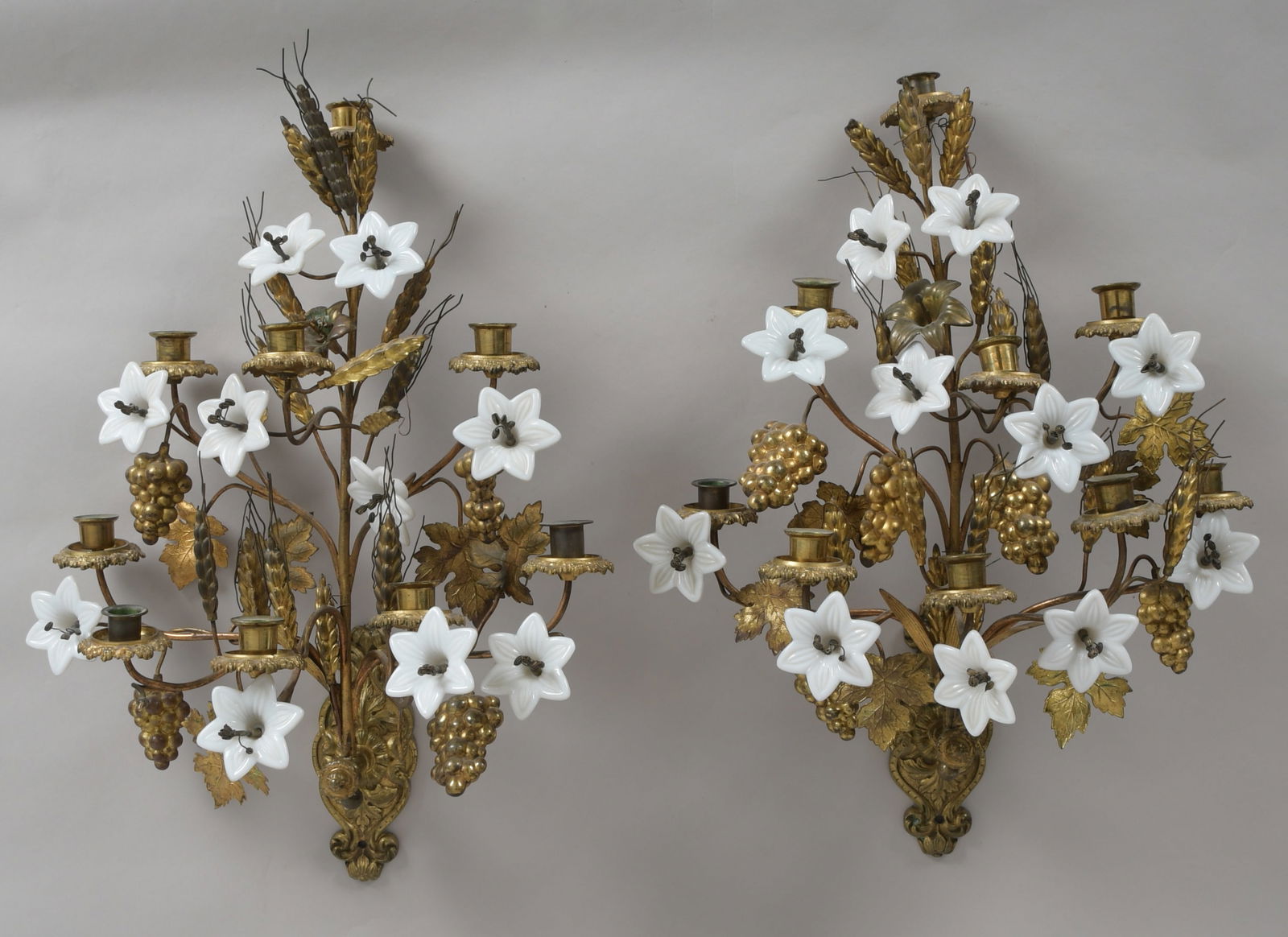 Pair of Whimsical Gilt Bronze and Pressed Glass Wall Sconces (1 of 8)