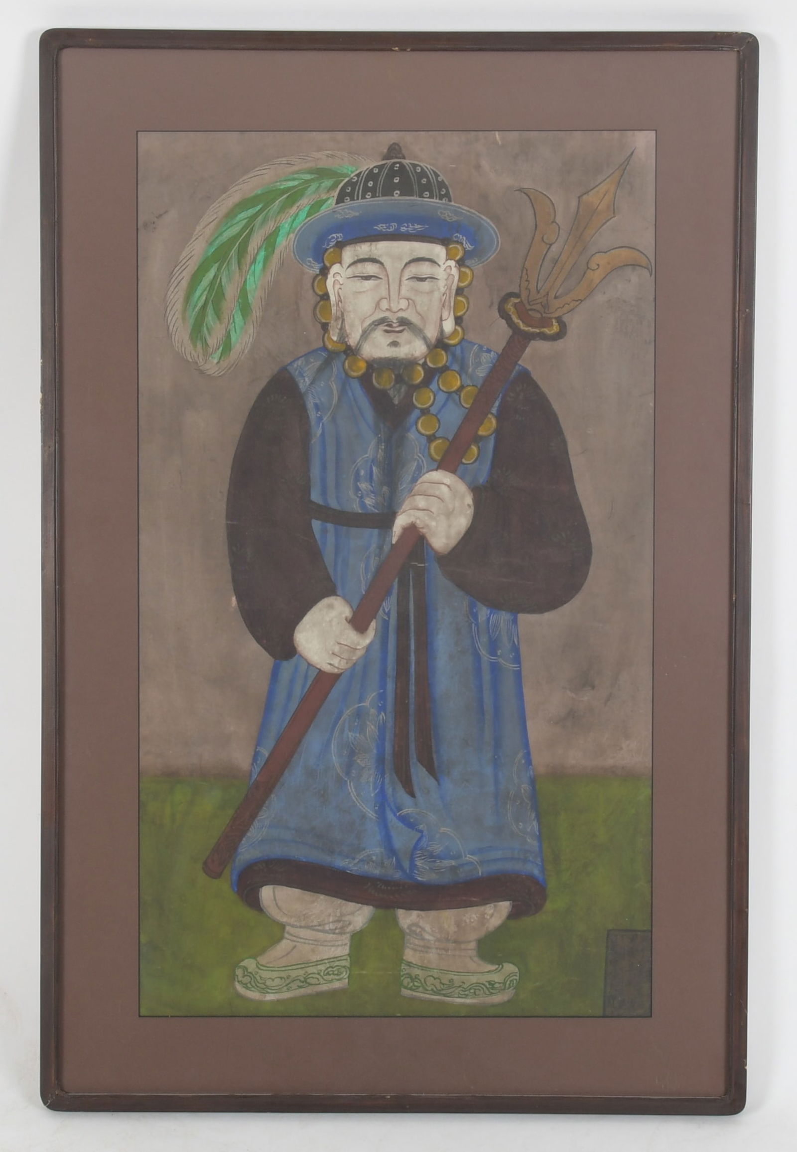 A Korean Minhwa, Folk Art Painting, Warrior: Pigment on silk, modern framing. Dimensions: sight is 30" x 17 1/2", the frame 37" x 24". Provenance: From a local collection. 