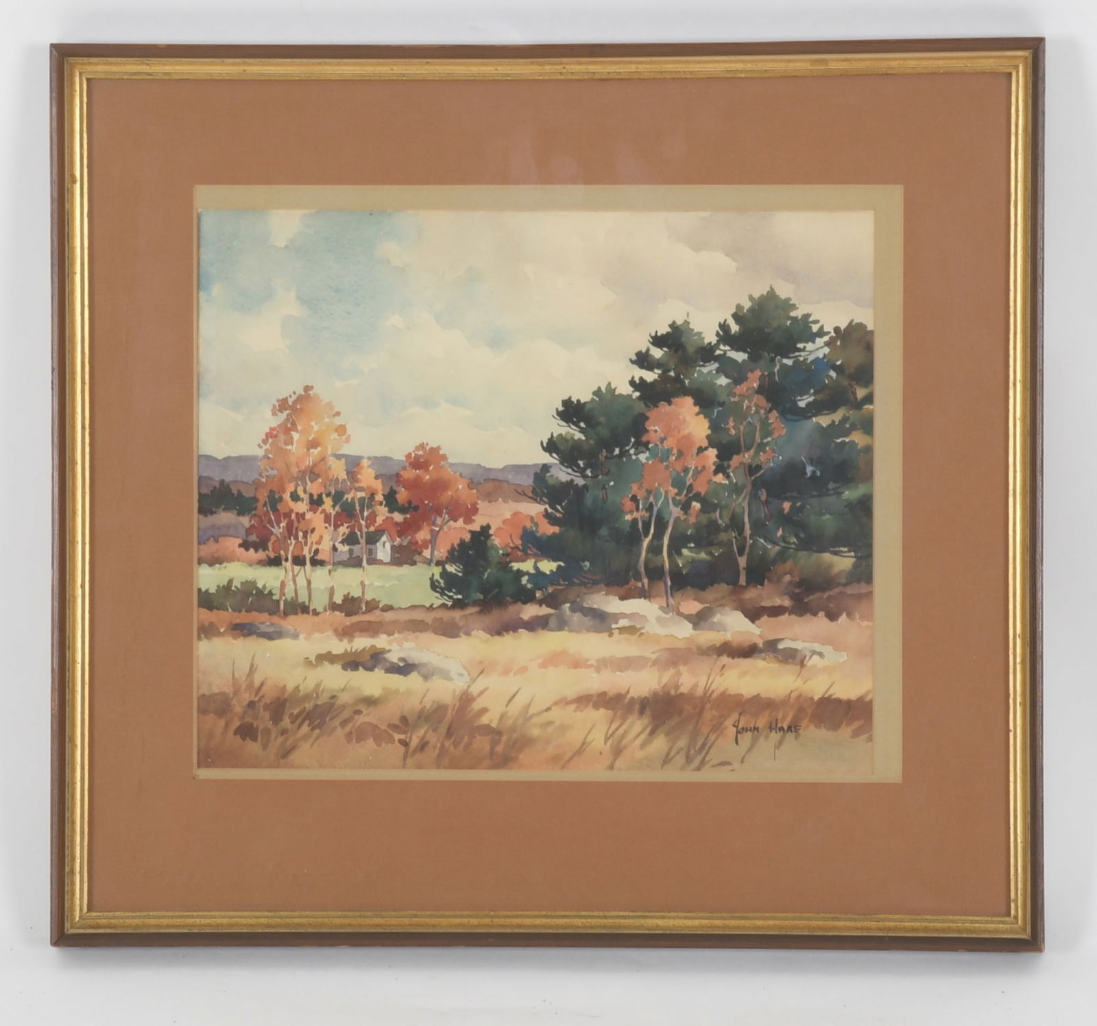 John Cuthbert Hare (1909-78), Watercolor: A fall landscape with house in the background. Dimensions: sight is 9 3/4" x 11 1/2", the frame 15 1/2" x 17"