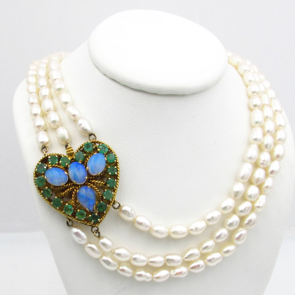 14K Opal & Emerald Heart Clasp Pearl Necklace (1 of 3)