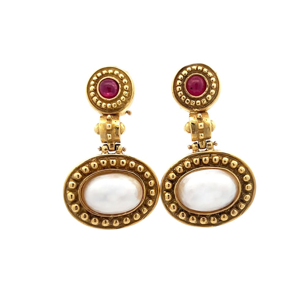 18K Yellow Gold Ruby and Mabe Pearl Pendant Earrings (1 of 2)