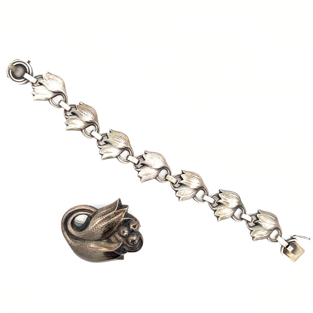 Georg Jensen Sterling Silver TULIP Bracelet # 100B and Pin # 400C (1 of 5)