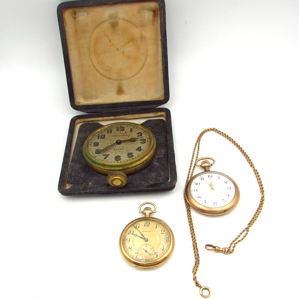 Three Pieces: 14K Waltham Pocket watch, Clock and Elgin (1 of 8)