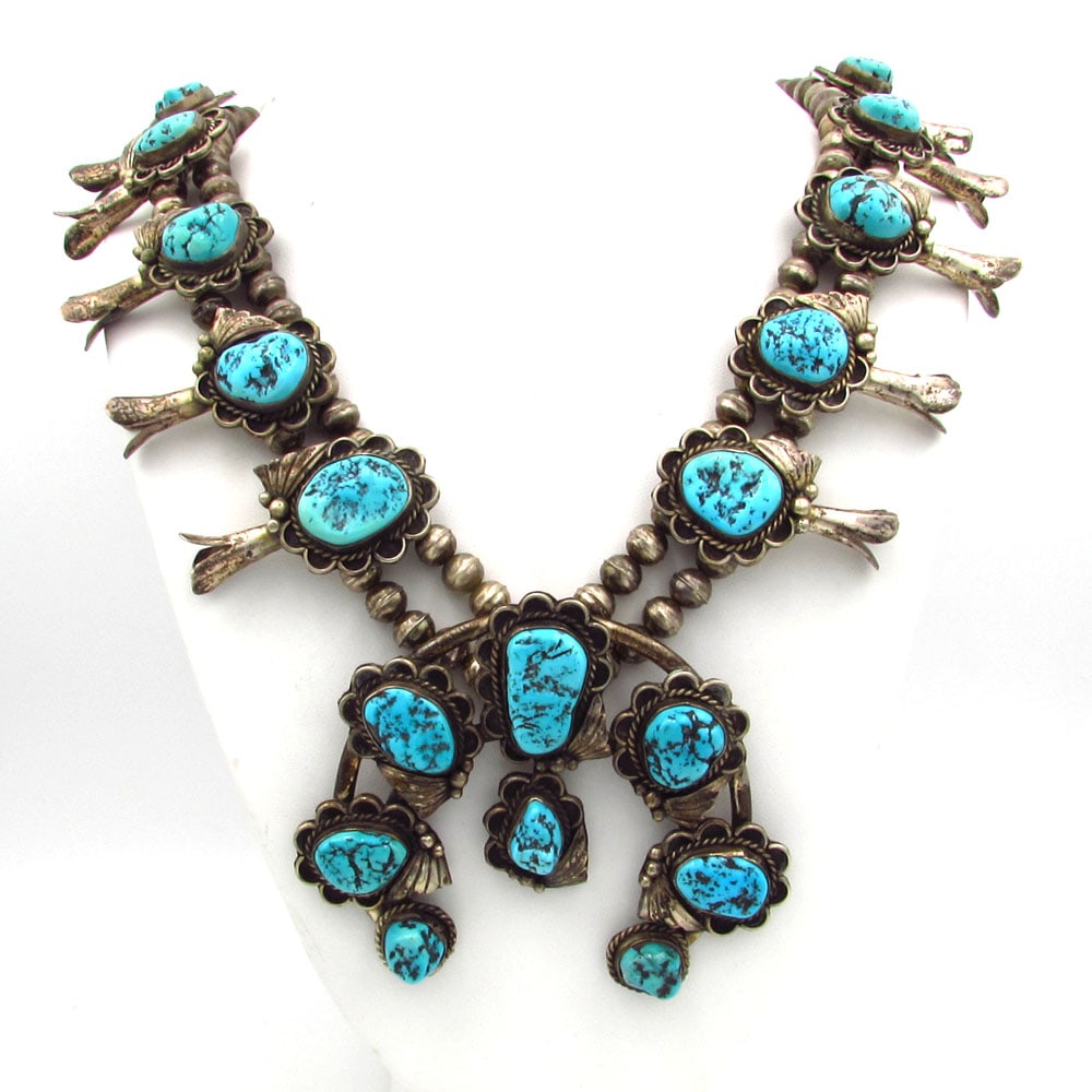 Navajo Signed Numbered Sterling silver Turquoise Squash Blossom Necklace (1 of 7)