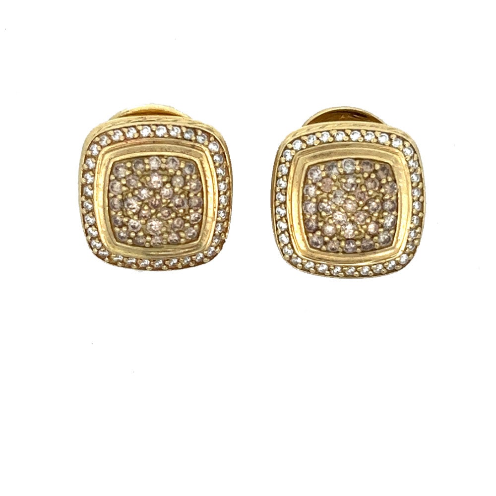 David Yurman 18K Gold Pave Champagne and white Diamond Earrings: David Yurman 18K Yellow gold earrings with pave champagne-colored diamonds in the center and white diamonds around the outside edge. The earrings are pierced with omega style back. Measures: ¾ 