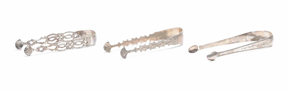 Three Pairs of American Coin Silver Sugar Tongs: A pair of openwork tongs with shell terminals by John Folsom (1756-1839, Stratford, Connecticut; Albany, New York), another pair with bright-cut decoration marked for M. Connell (c. 1800, Philade