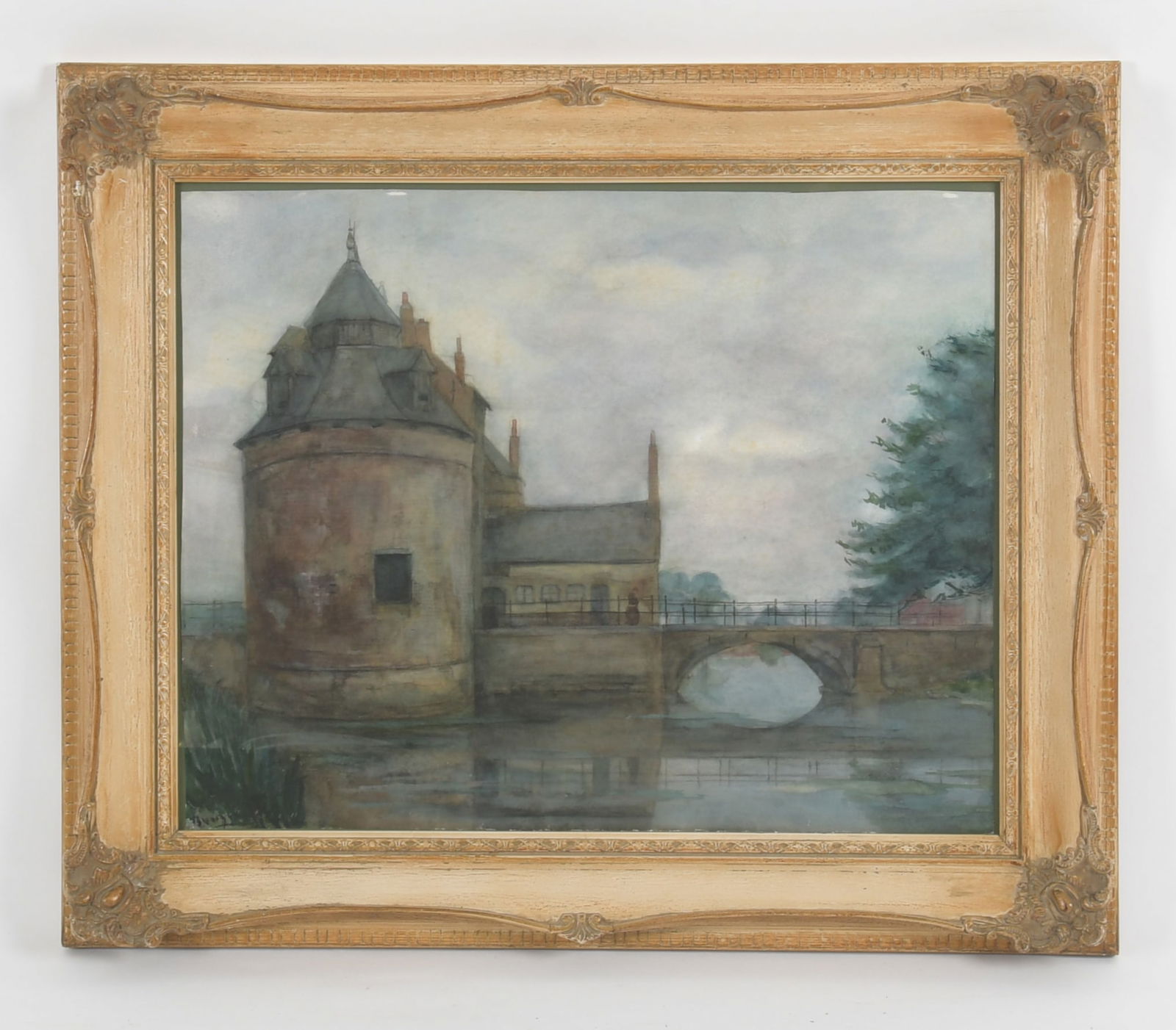 Continental School (20th Century), Watercolor on Paper: Continental School (20th Century), Watercolor on Paper. A scene depicting a bridge with a figure crossing. Illegibly signed at the lower left. Dimensions: 16" x 20", the fram