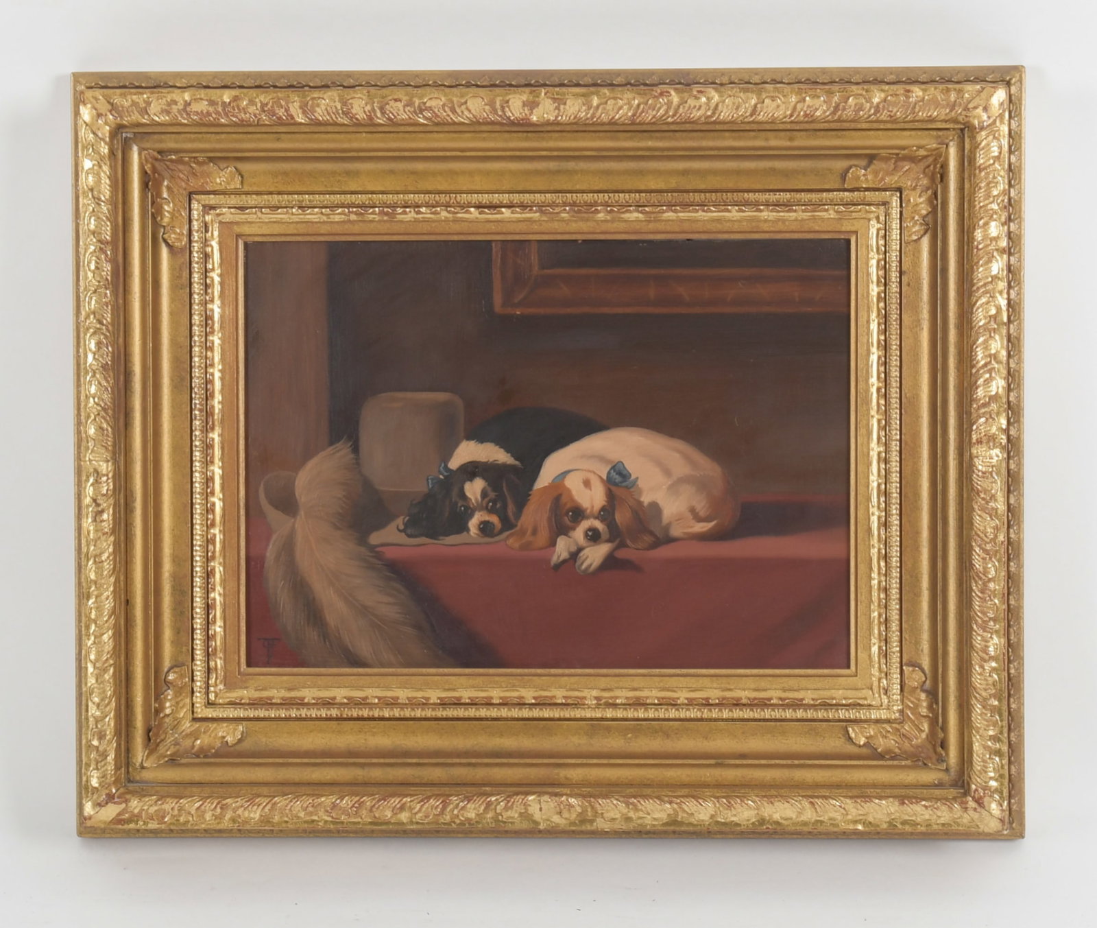 After Edwin Henry Landseer (English, 1802-1873), The Cavalier's Pets: After Edwin Henry Landseer (English, 1802-1873), The Cavalier's Pets, Oil on panel, 20th Century. Signed with artist's cypher to the lower left. In a giltwood and gesso frame. Dimensions: