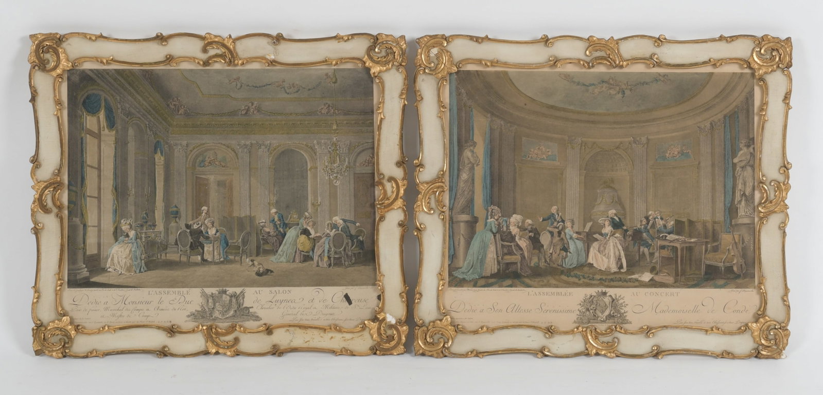After Nicolas Lafrensen (Swedish, 1737-1807) Two Prints: After Nicolas Lafrensen (Swedish, 1737-1807), "L'Assemblée au Salon", 1783, hand-colored etching and engraving, engraved by Françoise-Nicolas-Barthélemy Dequevauvill