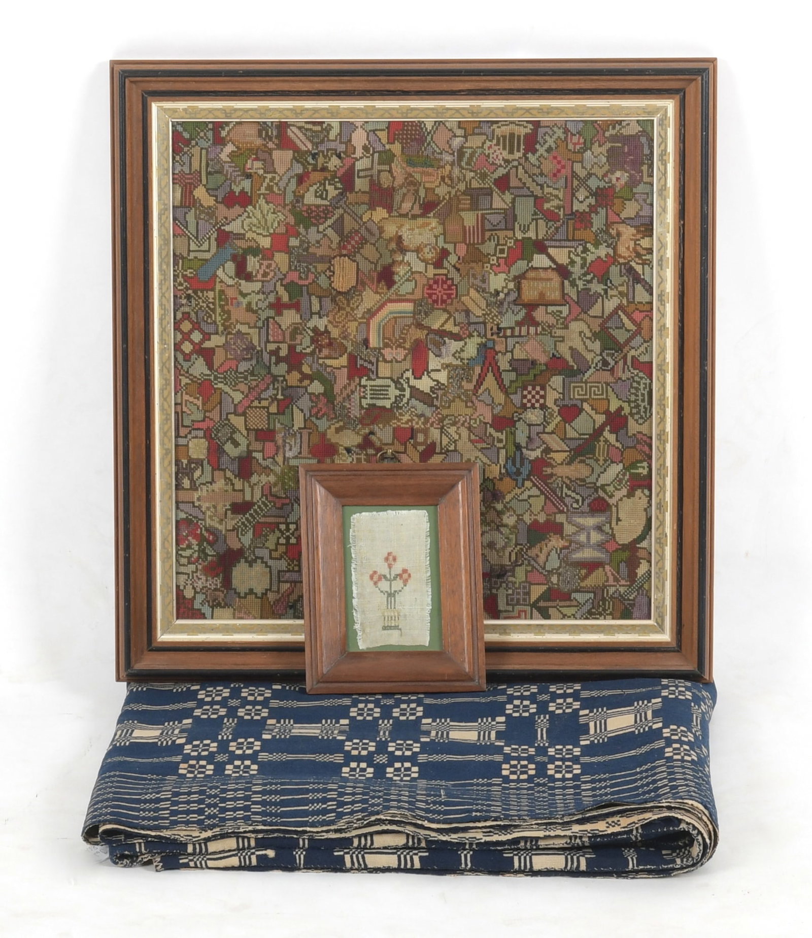 Two Framed Needleworks and an Overshot Coverlet (1 of 15)