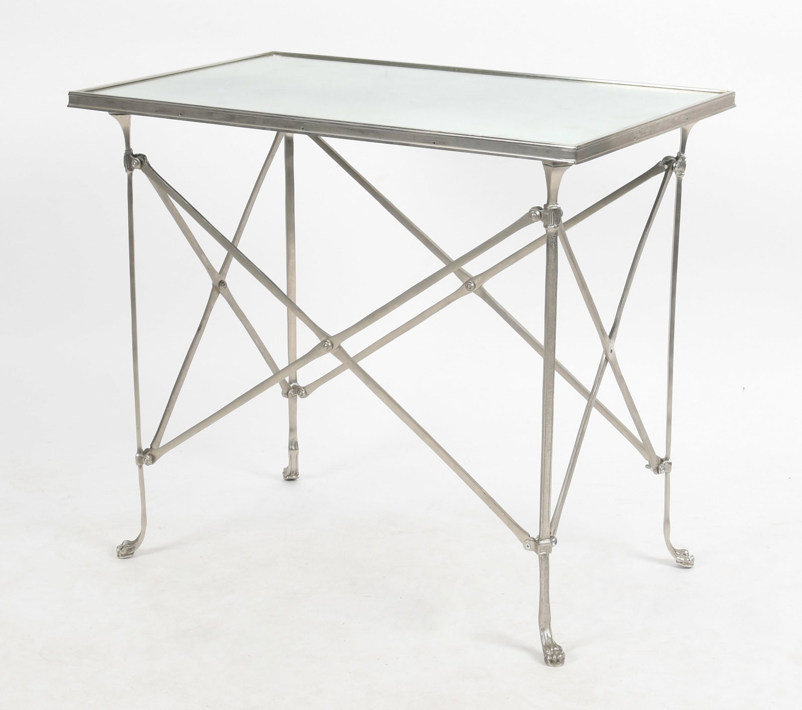 Directoire Style Steel and Smokey Mirrored Occasional Table: A Directoire Style Steel and Smokey Mirrored Rectangular Occasional Table, Modern. Each leg terminating in a paw foot Dimensions: Height 26 1/2in; width 30 1/4in; depth 19 1/4in.