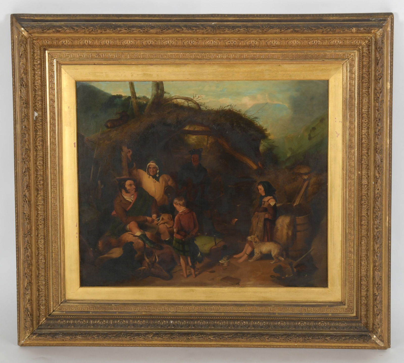 British School, 19th century, Oil on Canvas: A large genre scene titled verso, The Highland Skil (?). Unsigned and in what appears to be the original gilt gesso frame. Belfast museum tag attached verso. Dimensions: 25" x 30"